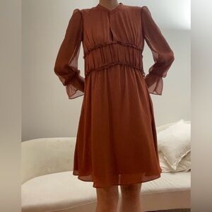 Petite Studio chiffon autumn brown dress
